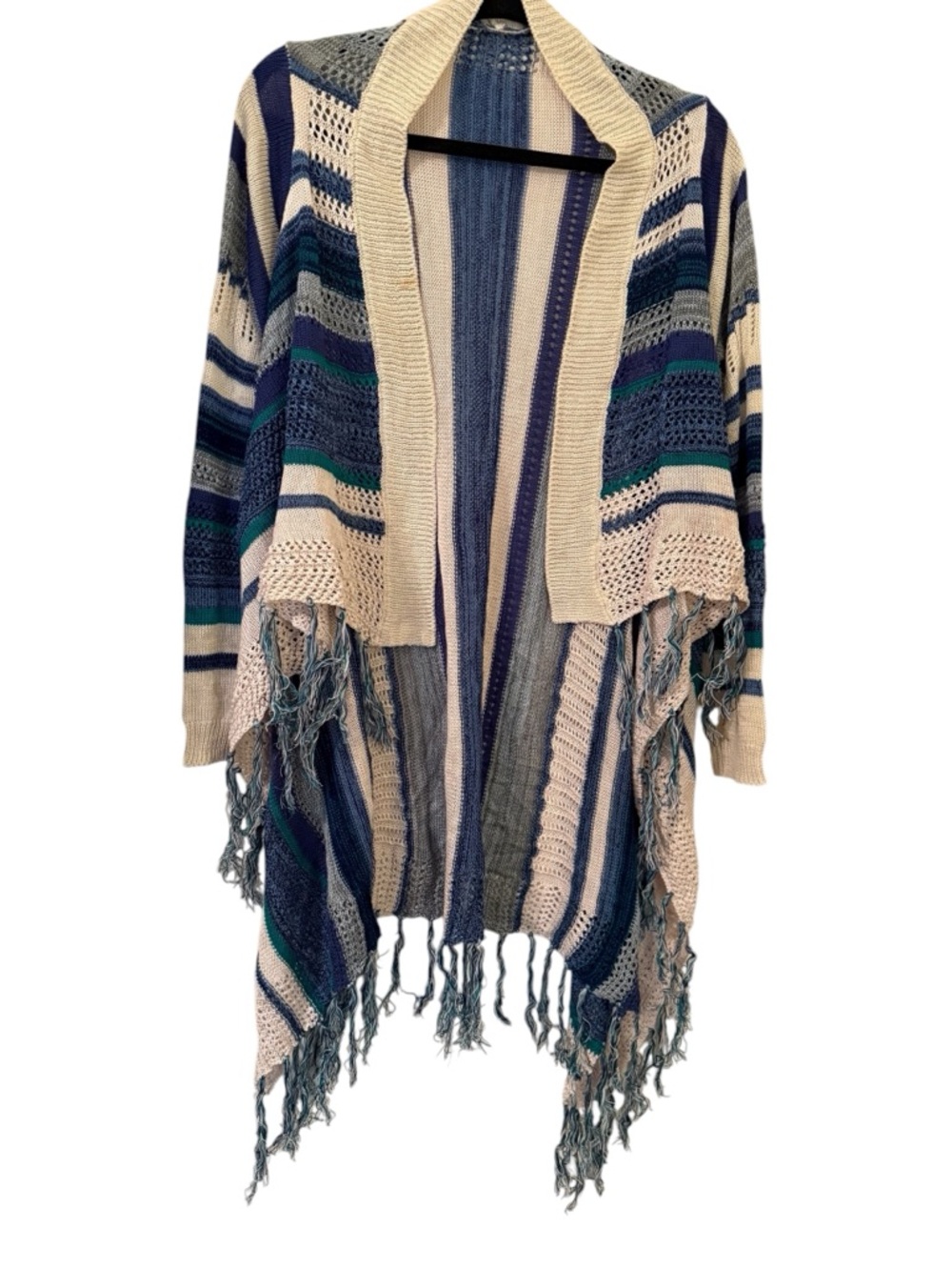 Poof! Striped Fringe Open Cardigan Boho Knit Sweater Size 1X